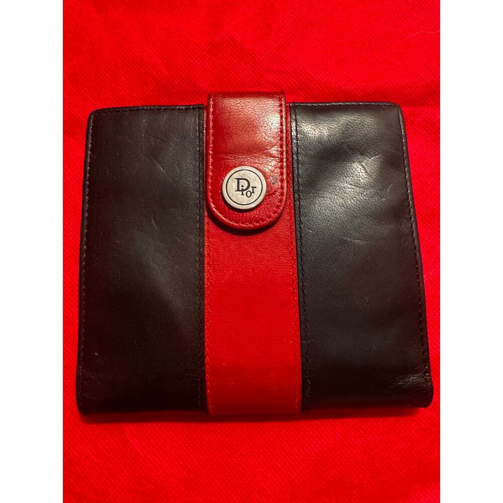Vintage Christian Dior Leather Bifold Wallet CD Logo Charm Black w/ Red